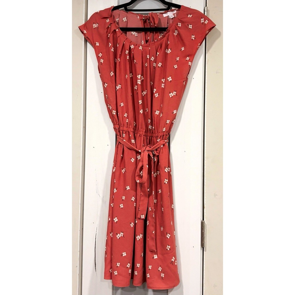 LC Lauren Conrad Women's large coral rose Fit & Flare Knee V-Neck Tie Waist